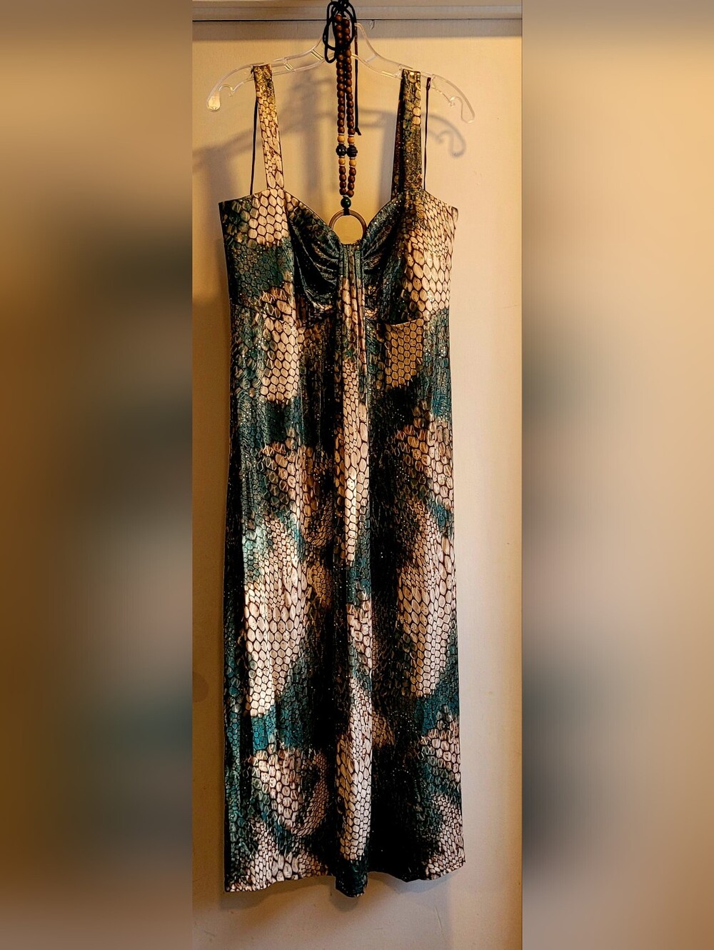 Roz & Ali Green and Cream Snake-Print Backless Maxi Dress